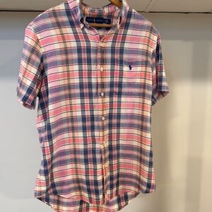 Ralph Lauren Madras Plaid Button Down Shirt Pony Logo Short Sleeve Size M